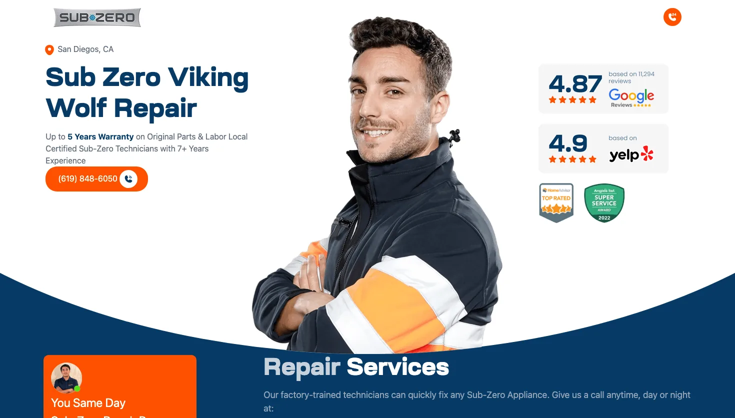 Sub zero, Viking & Wolf repair website screenshot