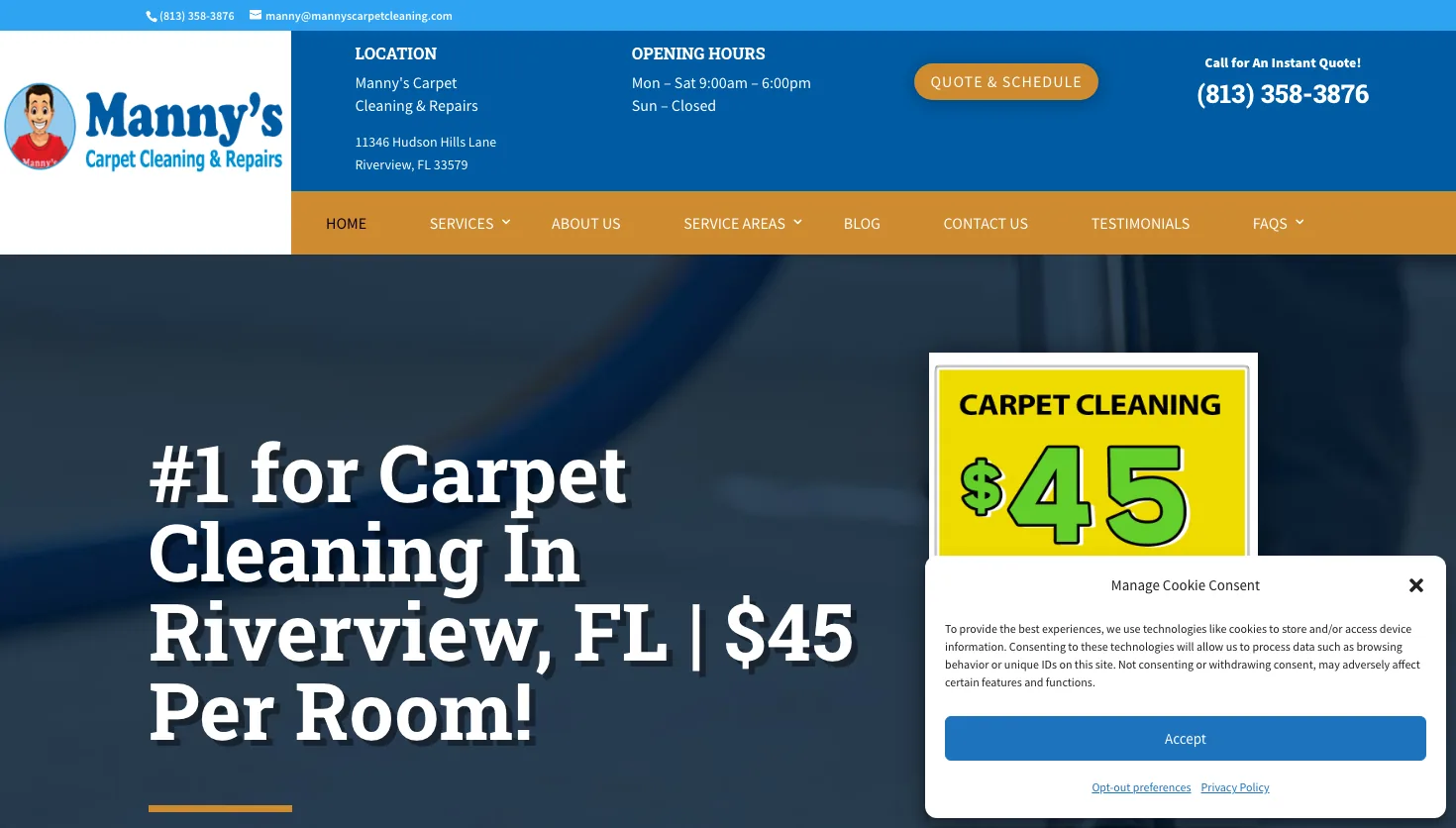 Manny's Carpet Cleaning & Repairs website screenshot