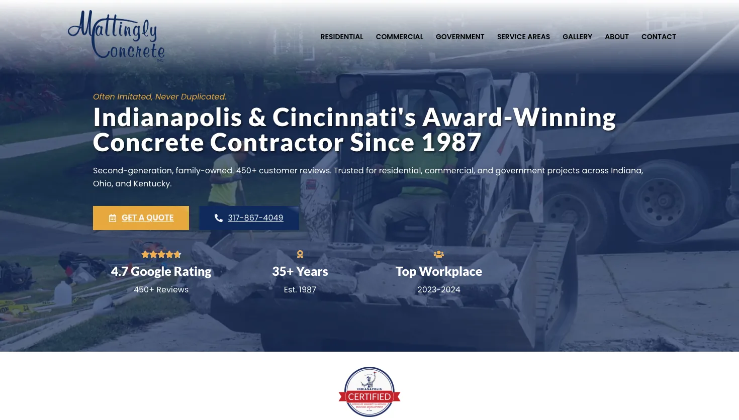 Mattingly Concrete, Inc. website screenshot