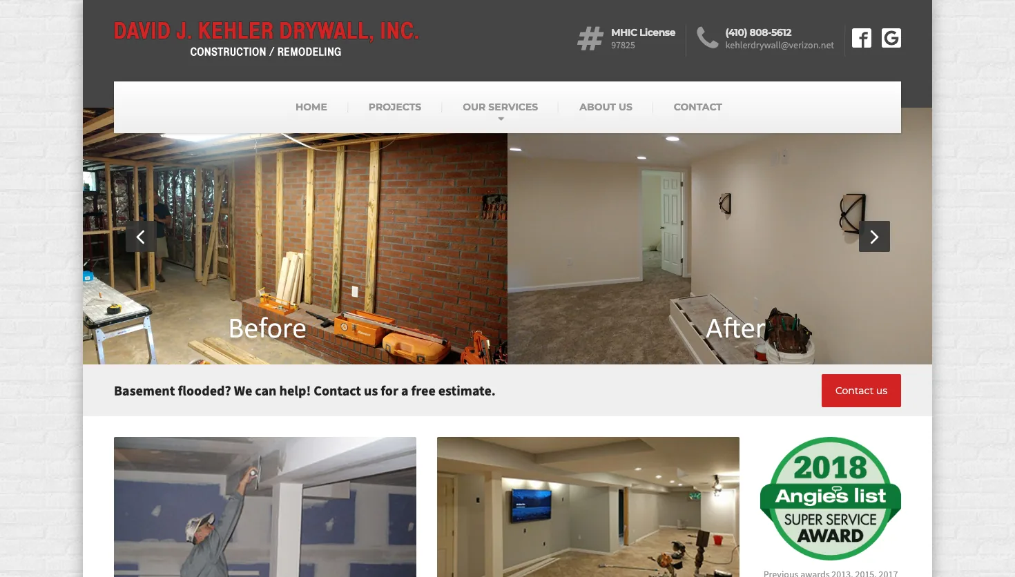 David J. Kehler Drywall, Inc. website screenshot