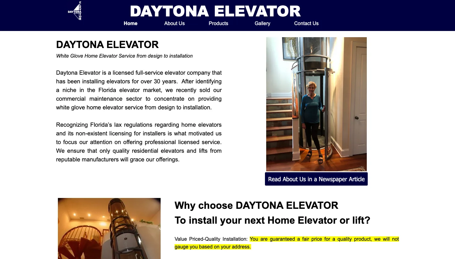 Daytona Elevator website screenshot