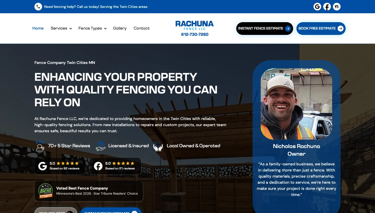 Rachuna Fence LLC website screenshot