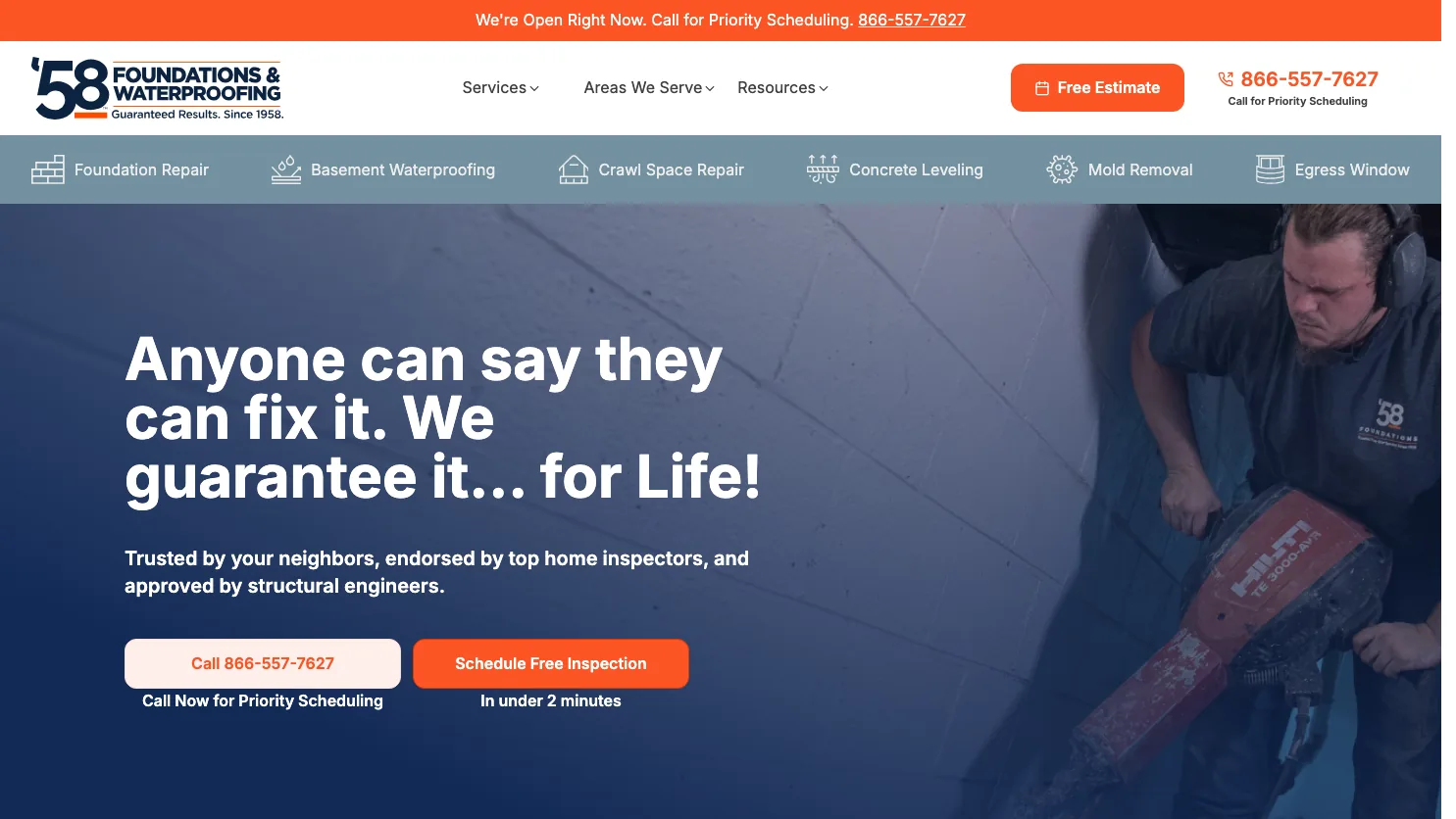 58 Foundations & Waterproofing website screenshot