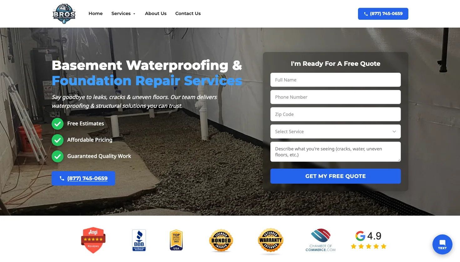Bros Basement Waterproofing website screenshot
