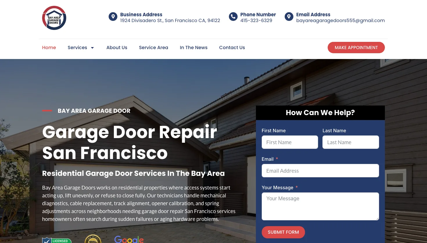 Bay Area Garage Doors website screenshot
