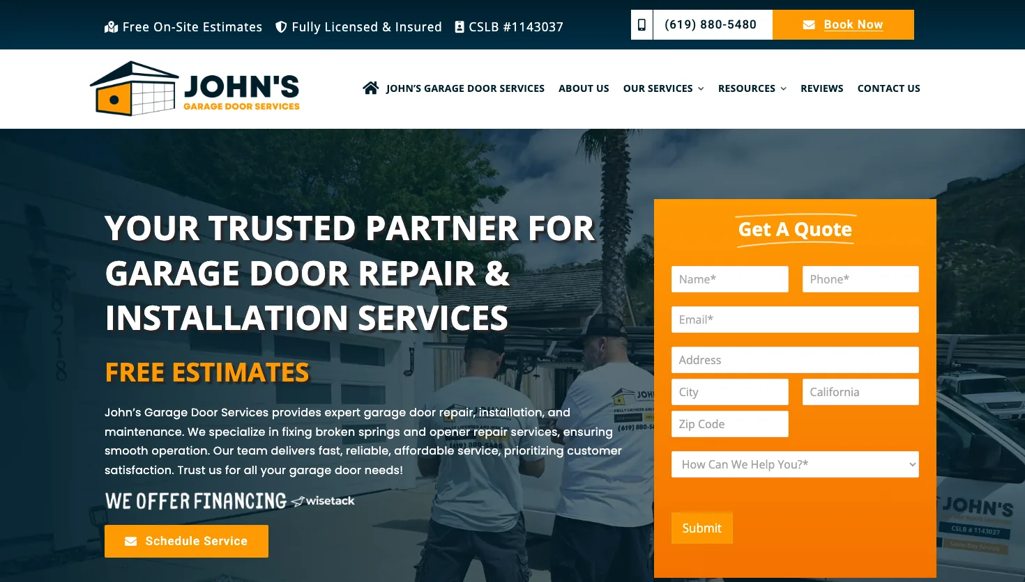 John's Garage Door Services website screenshot