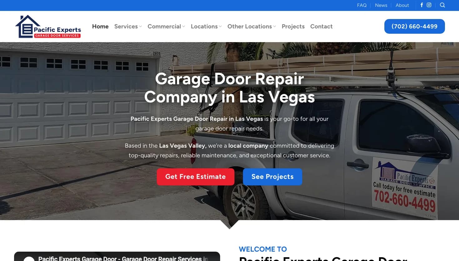 Pacific Experts: Garage Door Repair Summerlin website screenshot