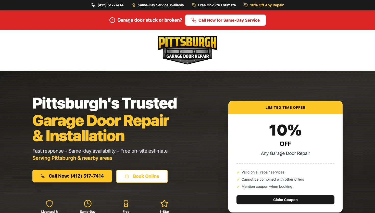 Pittsburgh Garage Door Repair website screenshot