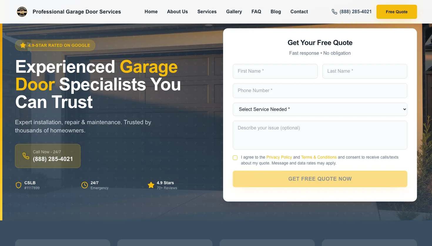 Professional Garage Door Services website screenshot