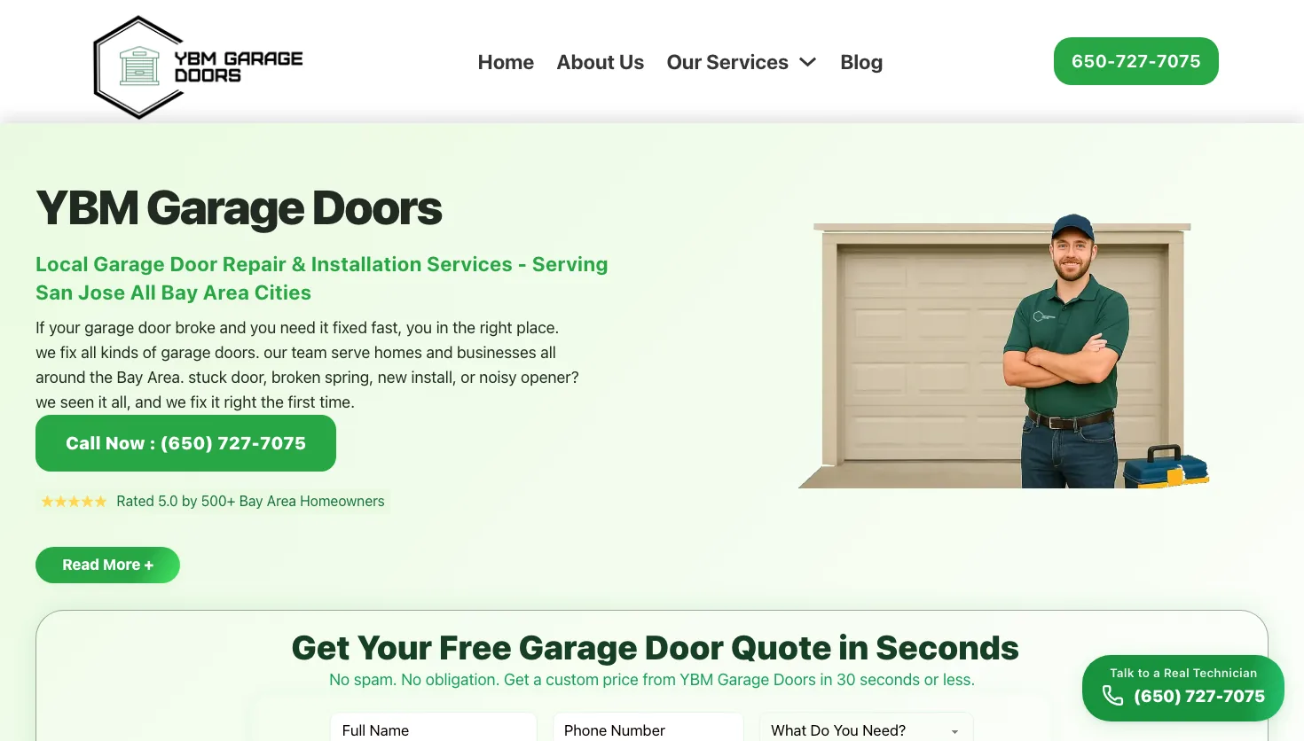 YBM Garage Doors website screenshot