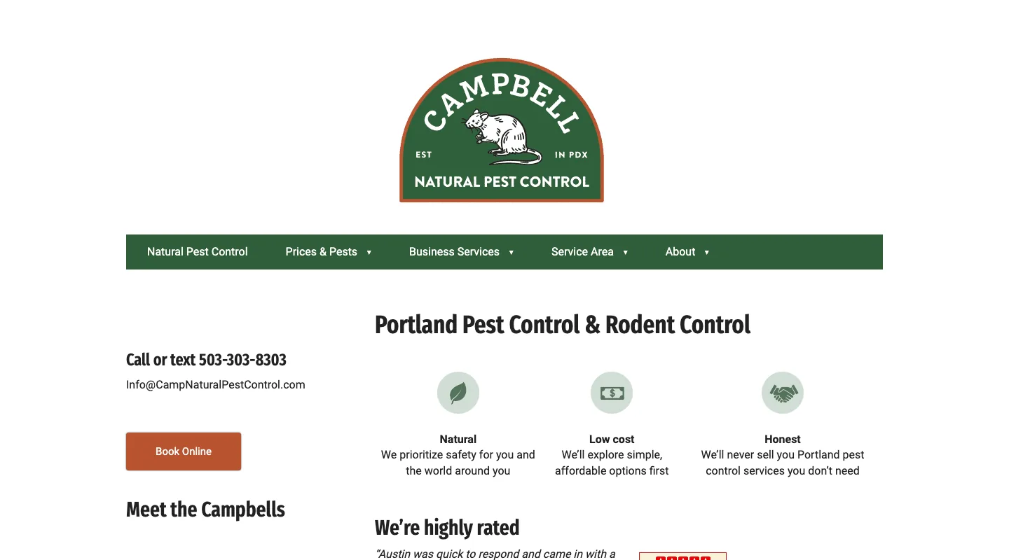 Campbell Natural Pest Control website screenshot
