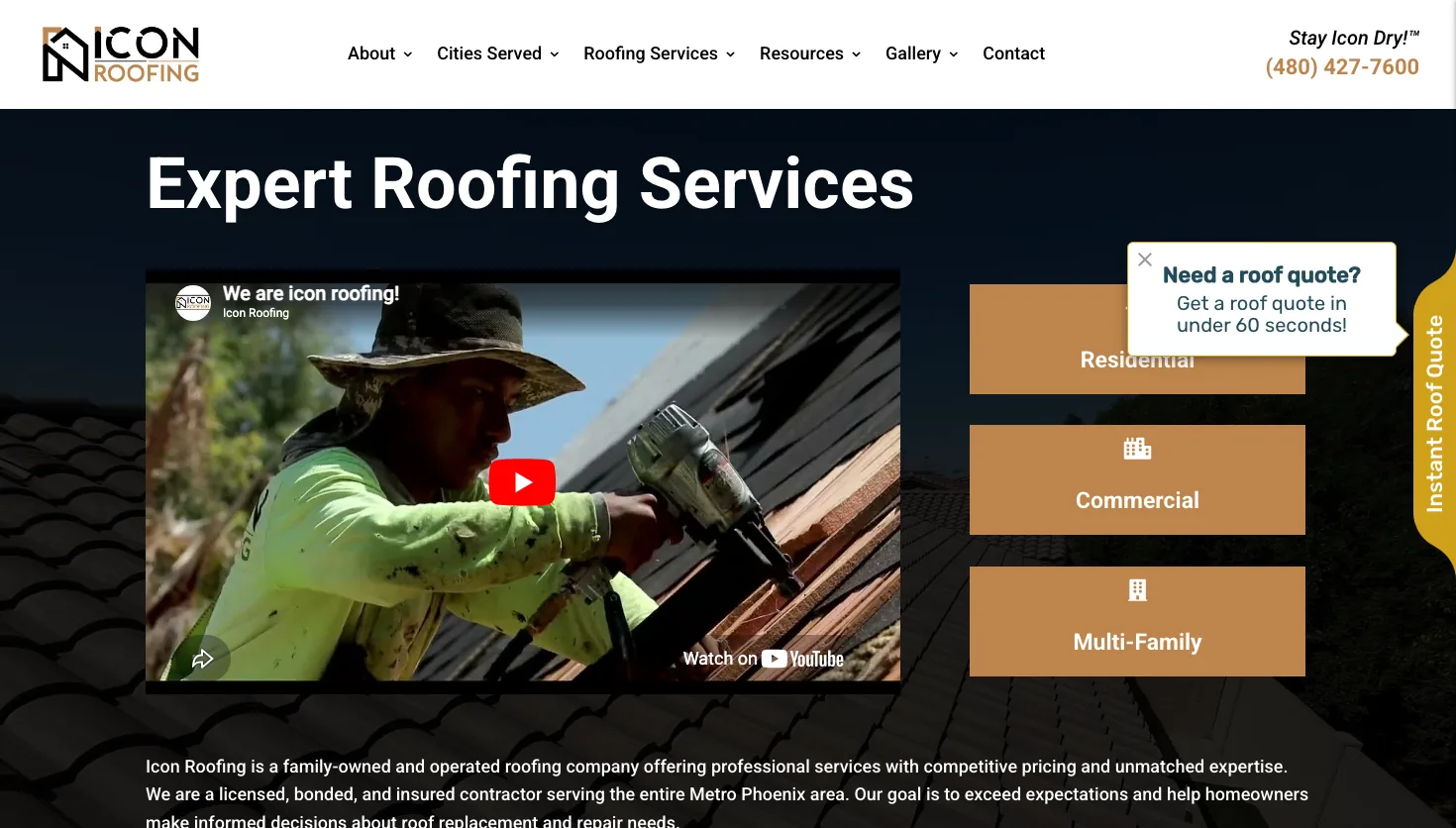 Icon Roofing website screenshot