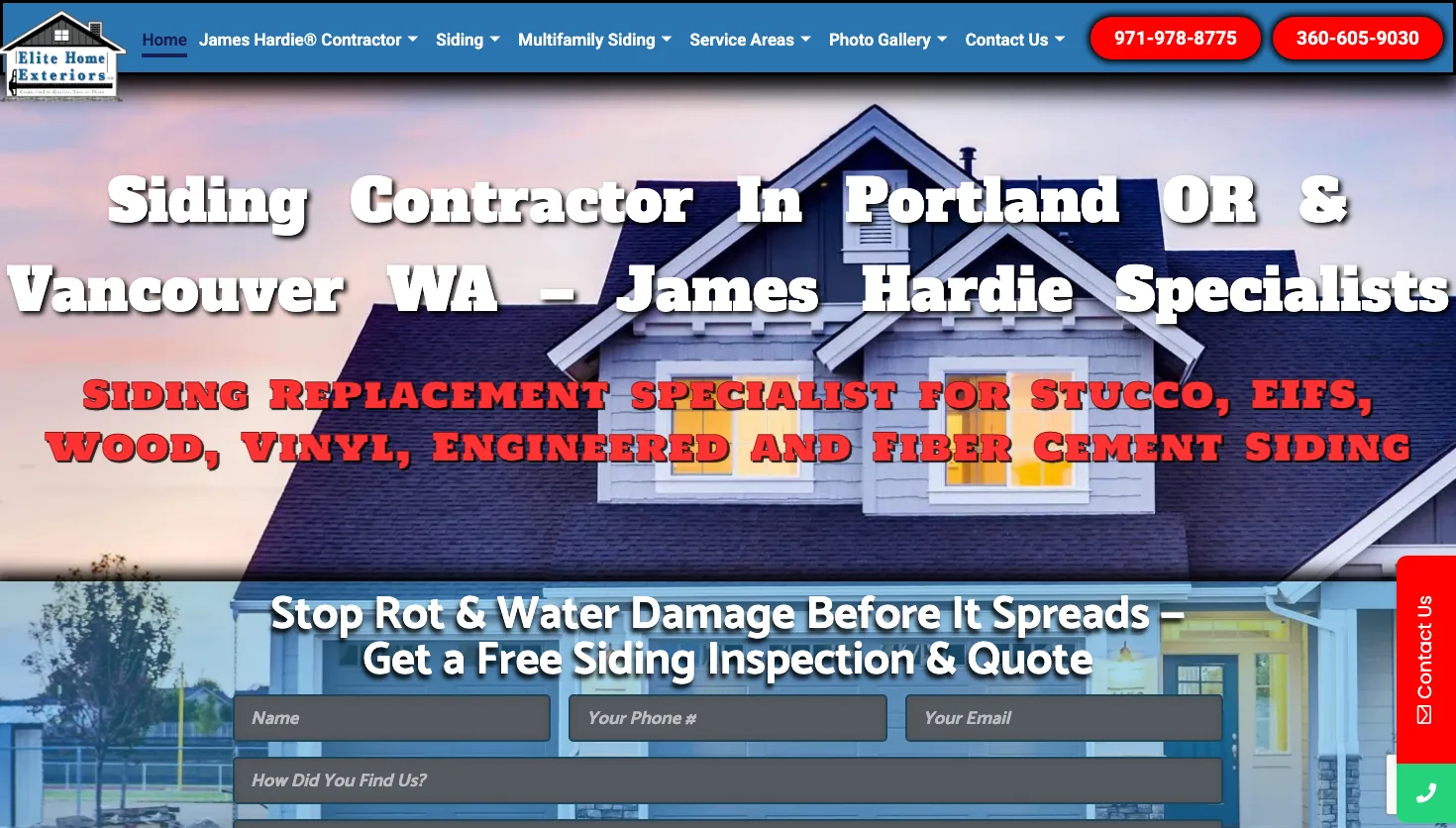 Elite Home Exteriors NW website screenshot