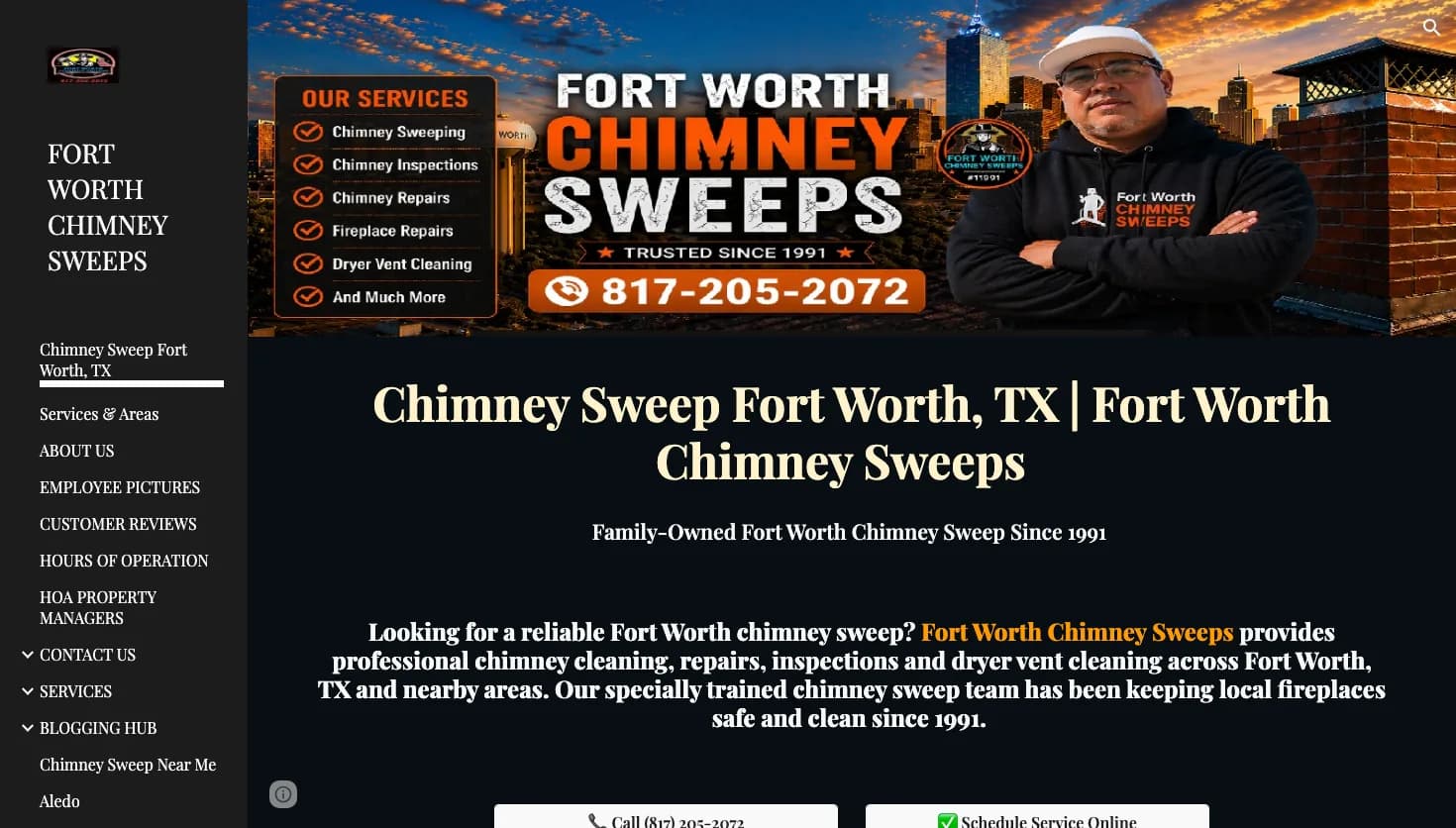 Fort Worth Chimney Sweeps website screenshot