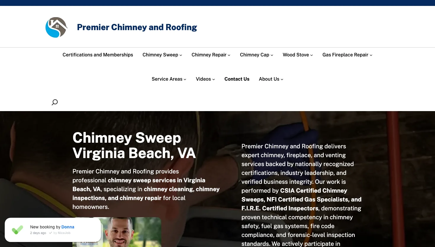 Premier Chimney and Roofing website screenshot