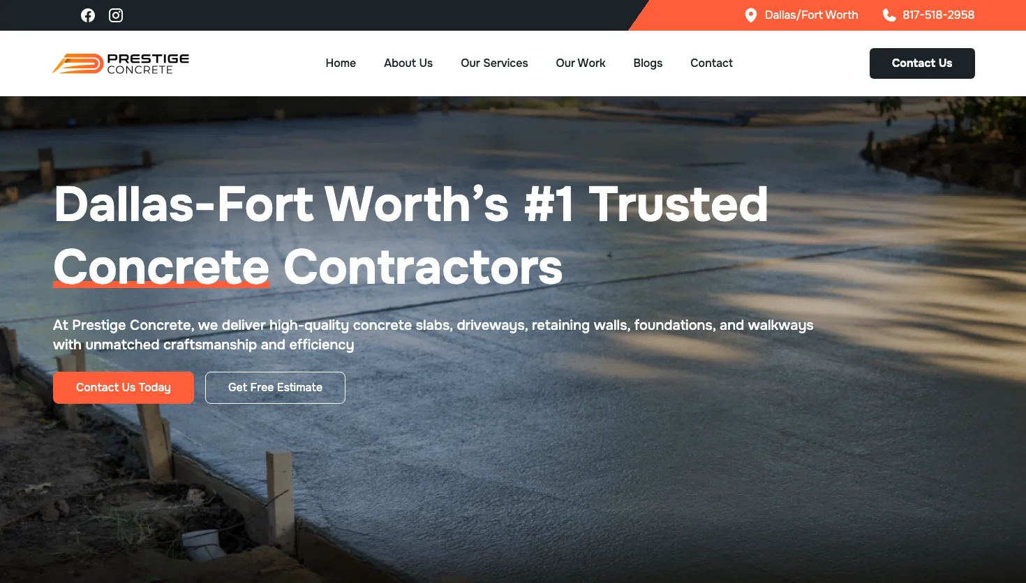 Prestige Concrete website screenshot