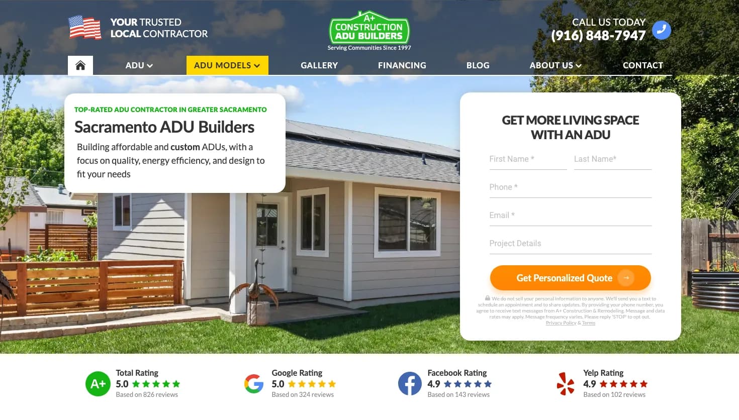 A+ Construction & Remodeling ADU Builder website screenshot