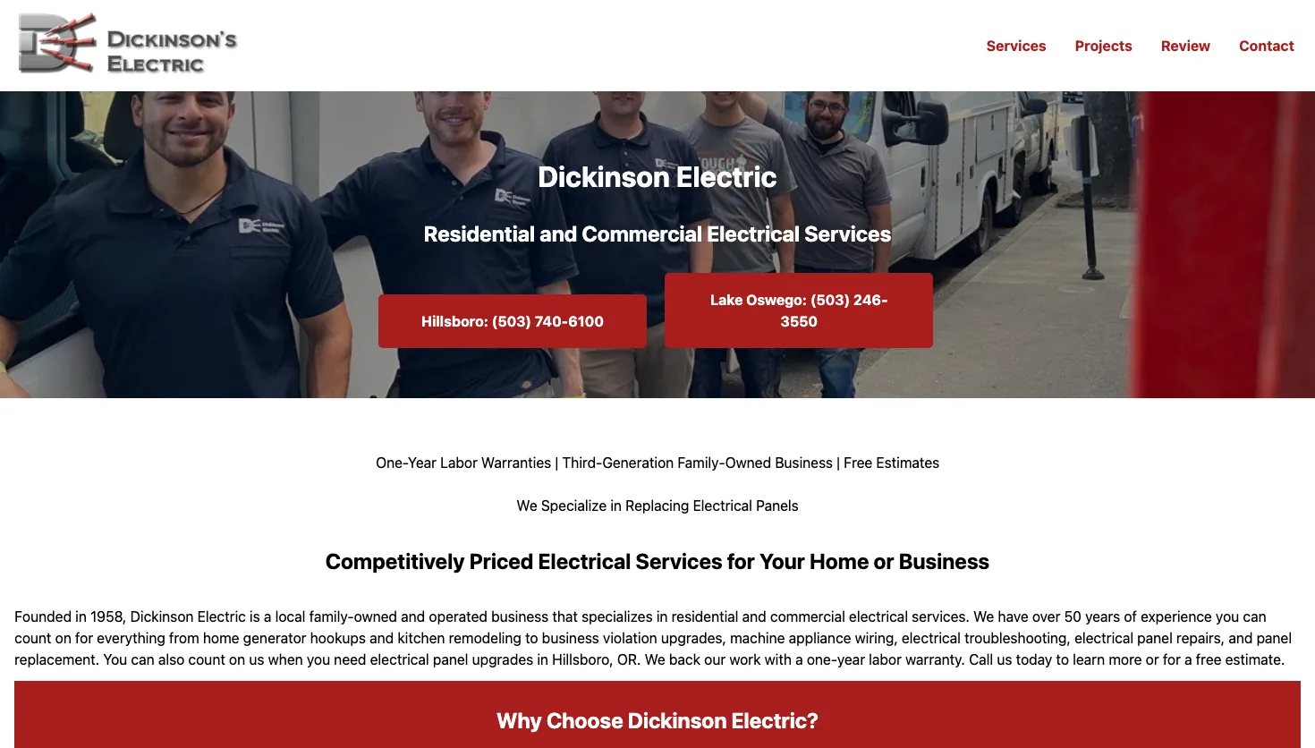 Dickinson's Electric Tigard website screenshot