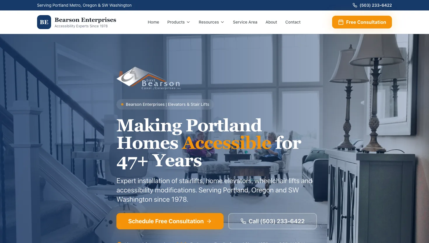 Bearson Enterprises | Elevators & Stair Lifts website screenshot