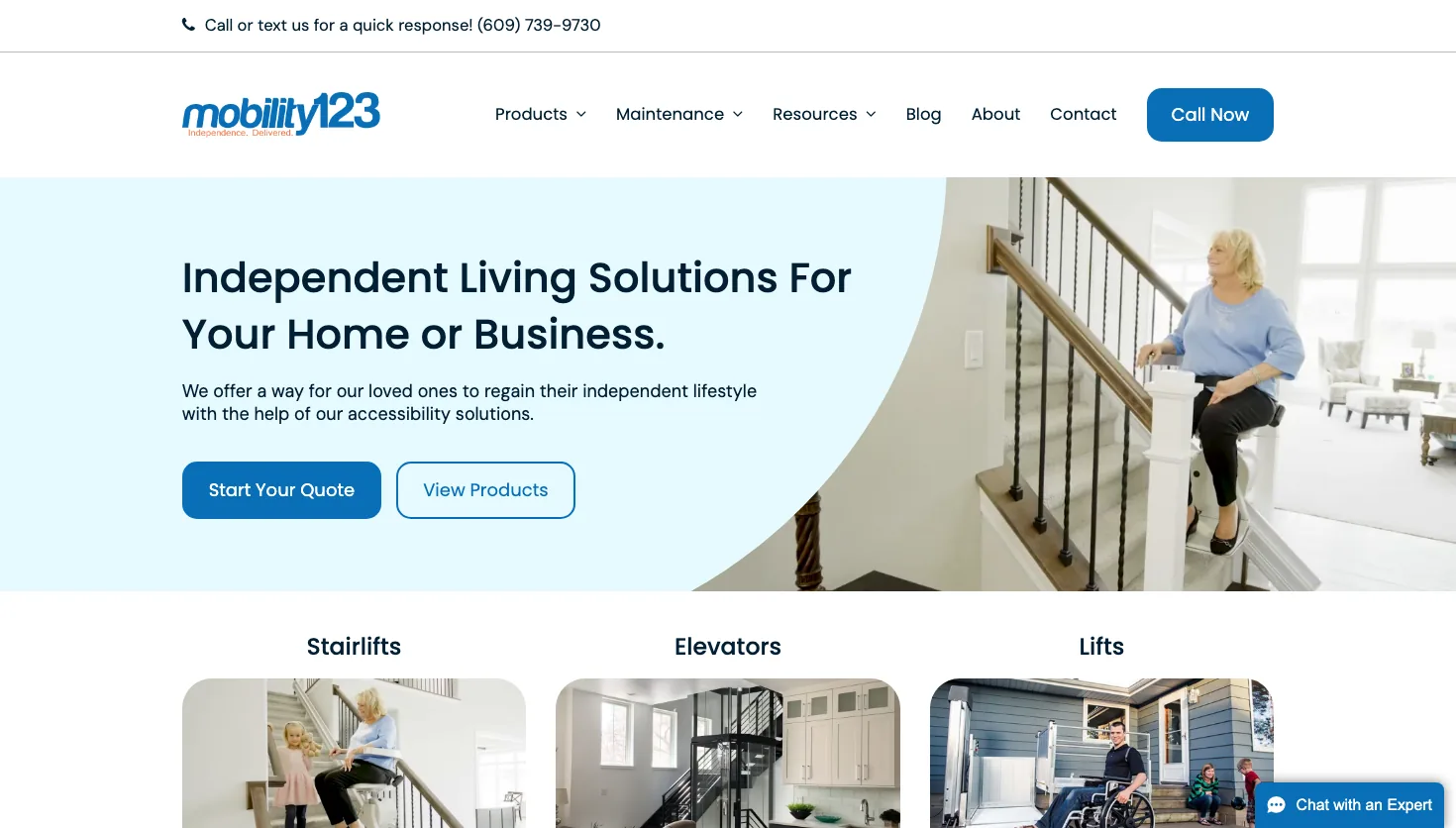 Mobility123 - Stiltz & Stairlifts website screenshot