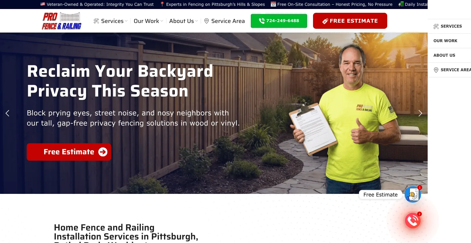 Pro Fence & Railing website screenshot