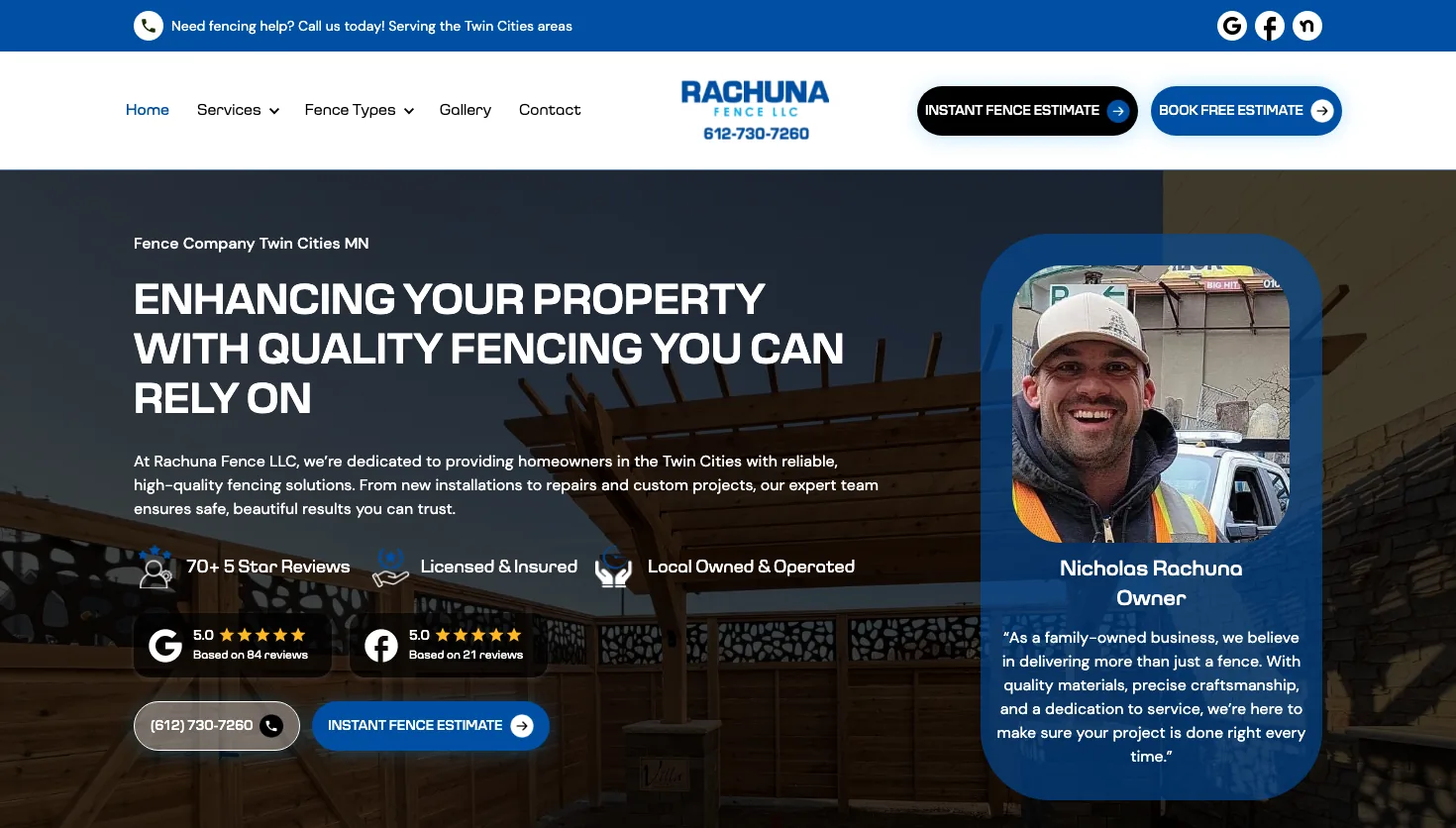 Rachuna Fence LLC website screenshot