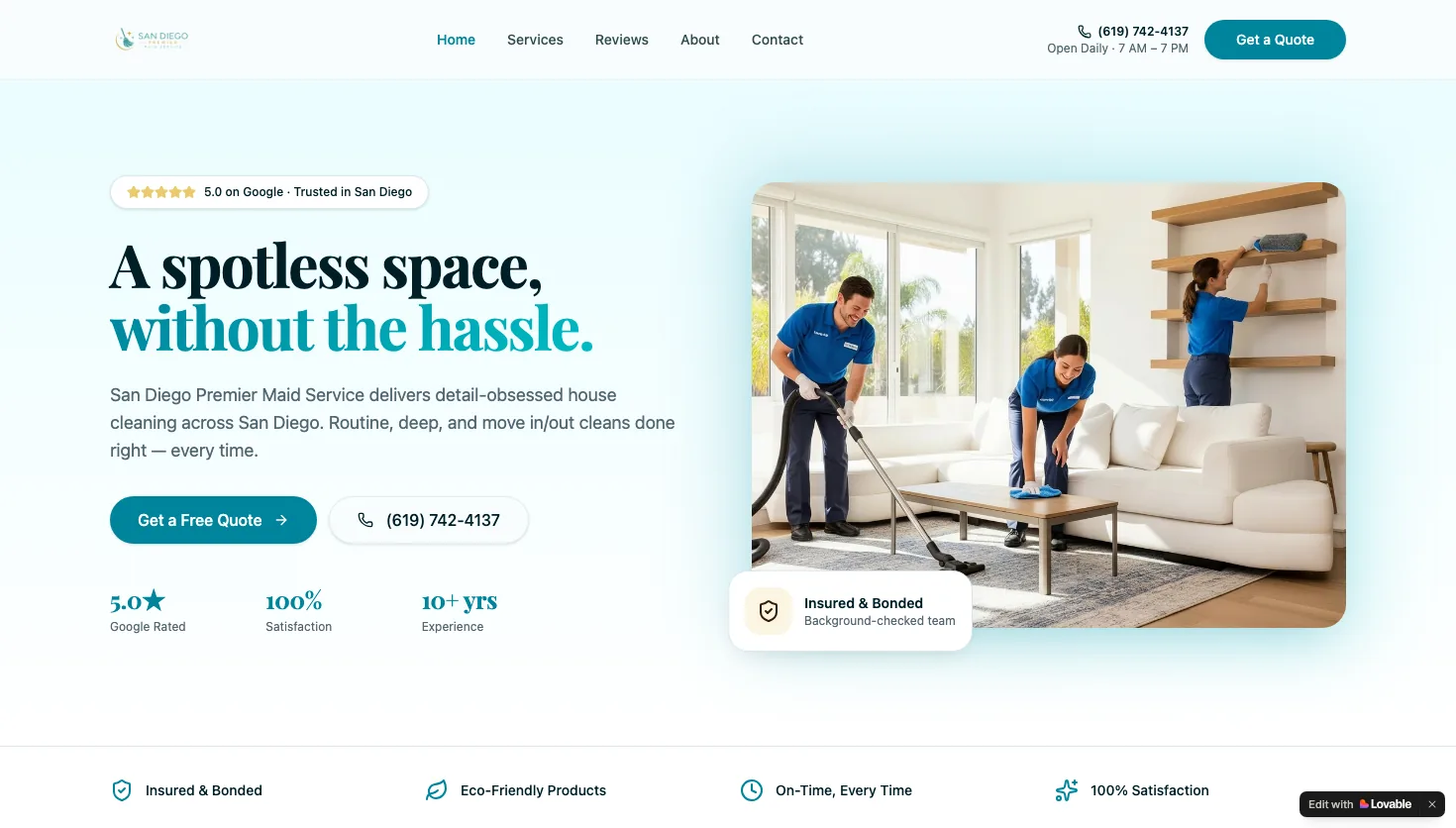 San Diego Premier Maid Service website screenshot