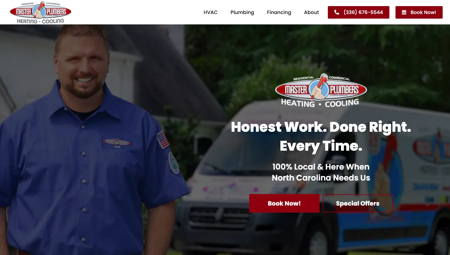 Master Plumbers Heating & Cooling website screenshot
