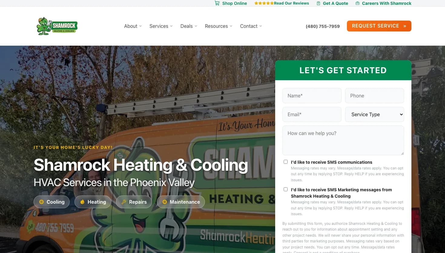 Shamrock Heating & Cooling website screenshot