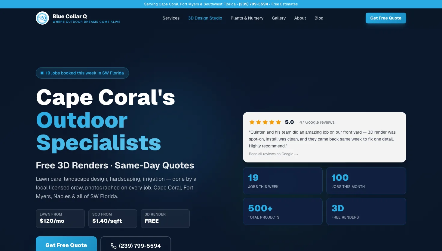 Blue Collar Q Landscaping & Lawn Care website screenshot