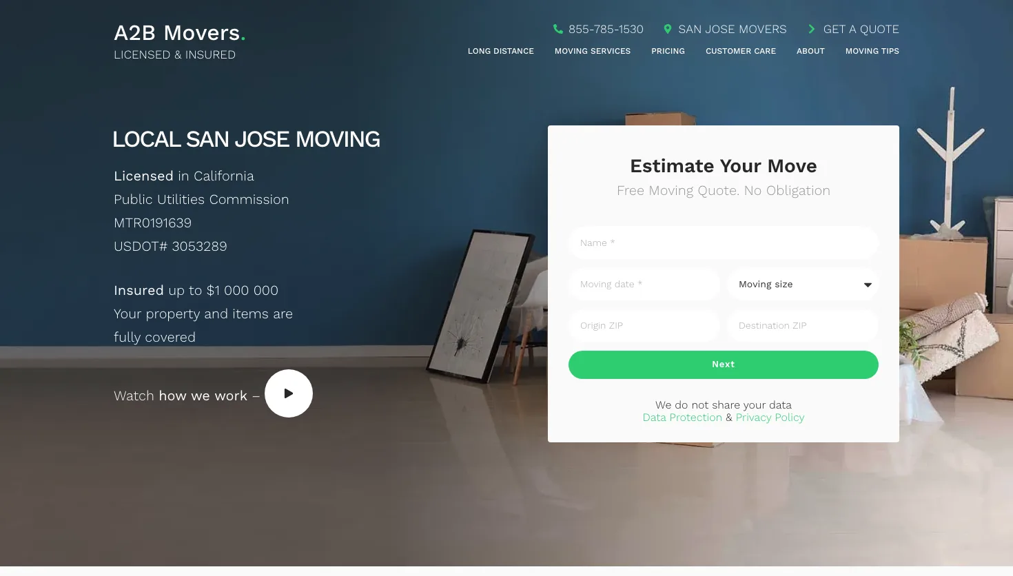 A2B Movers San Jose website screenshot