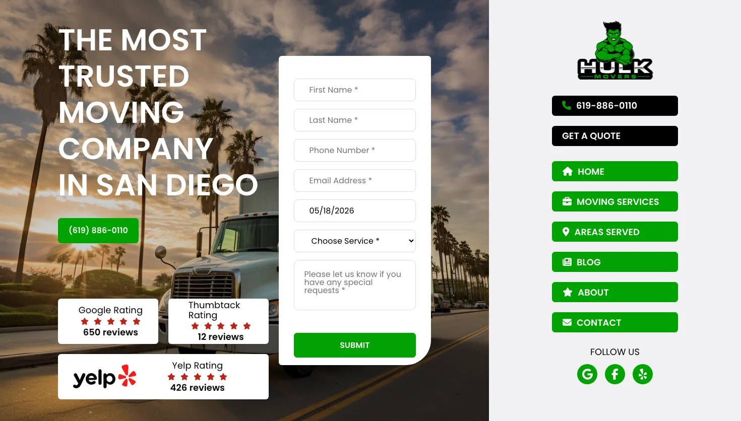 Hulk Movers LLC website screenshot