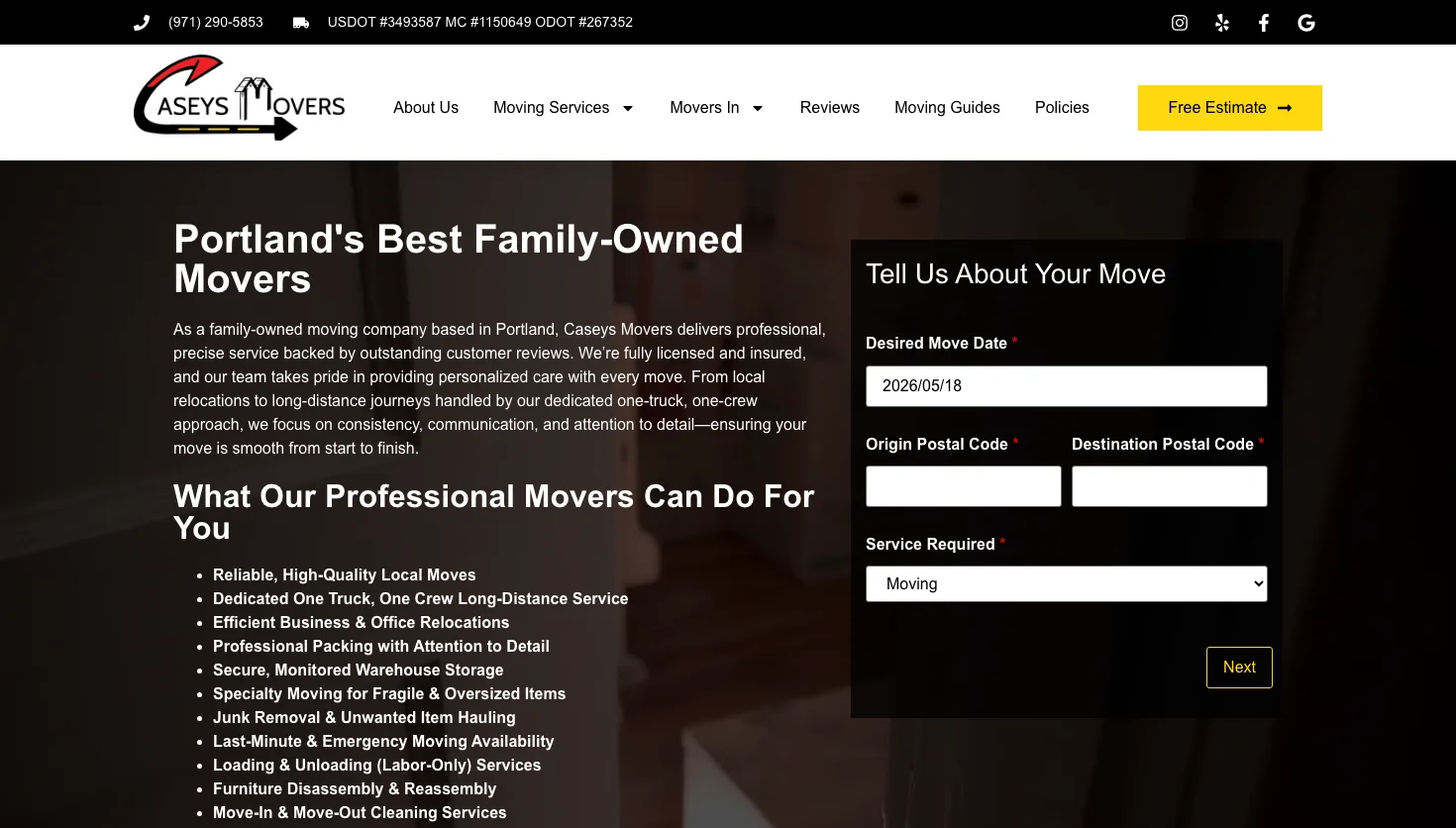 Caseys Movers website screenshot