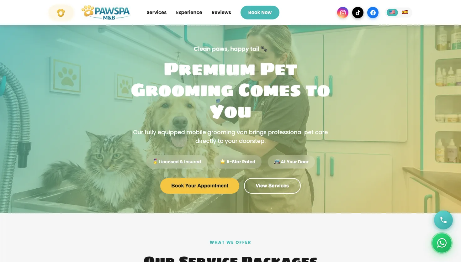 paw spa mobile pet grooming website screenshot