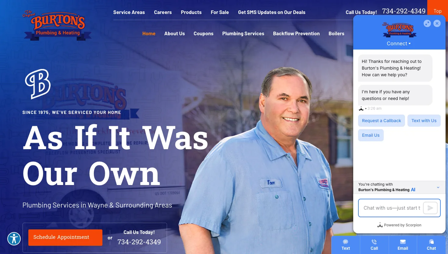 Burton's Plumbing & Heating website screenshot