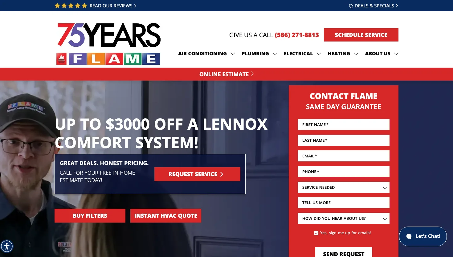 FLAME Heating, Cooling, Plumbing, Electrical website screenshot