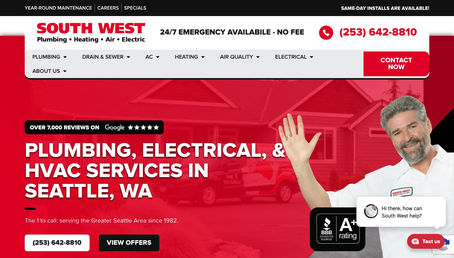 South West Plumbing, Heating, Air, & Electric website screenshot