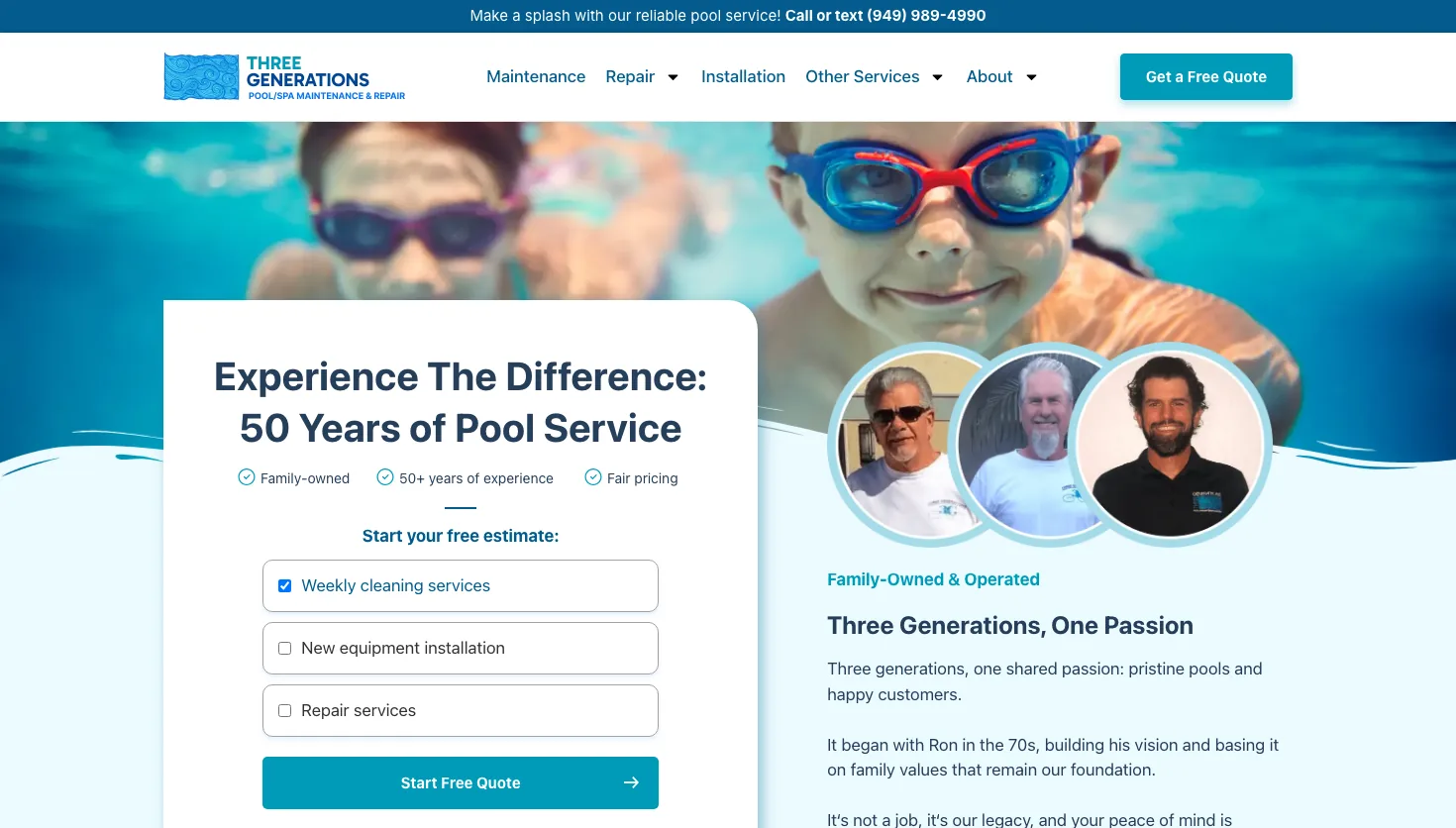 Three Generations - Southern Orange County Pool Services, Pool Cleaning, Pool Repair and Pool Equipment Servicing website screenshot