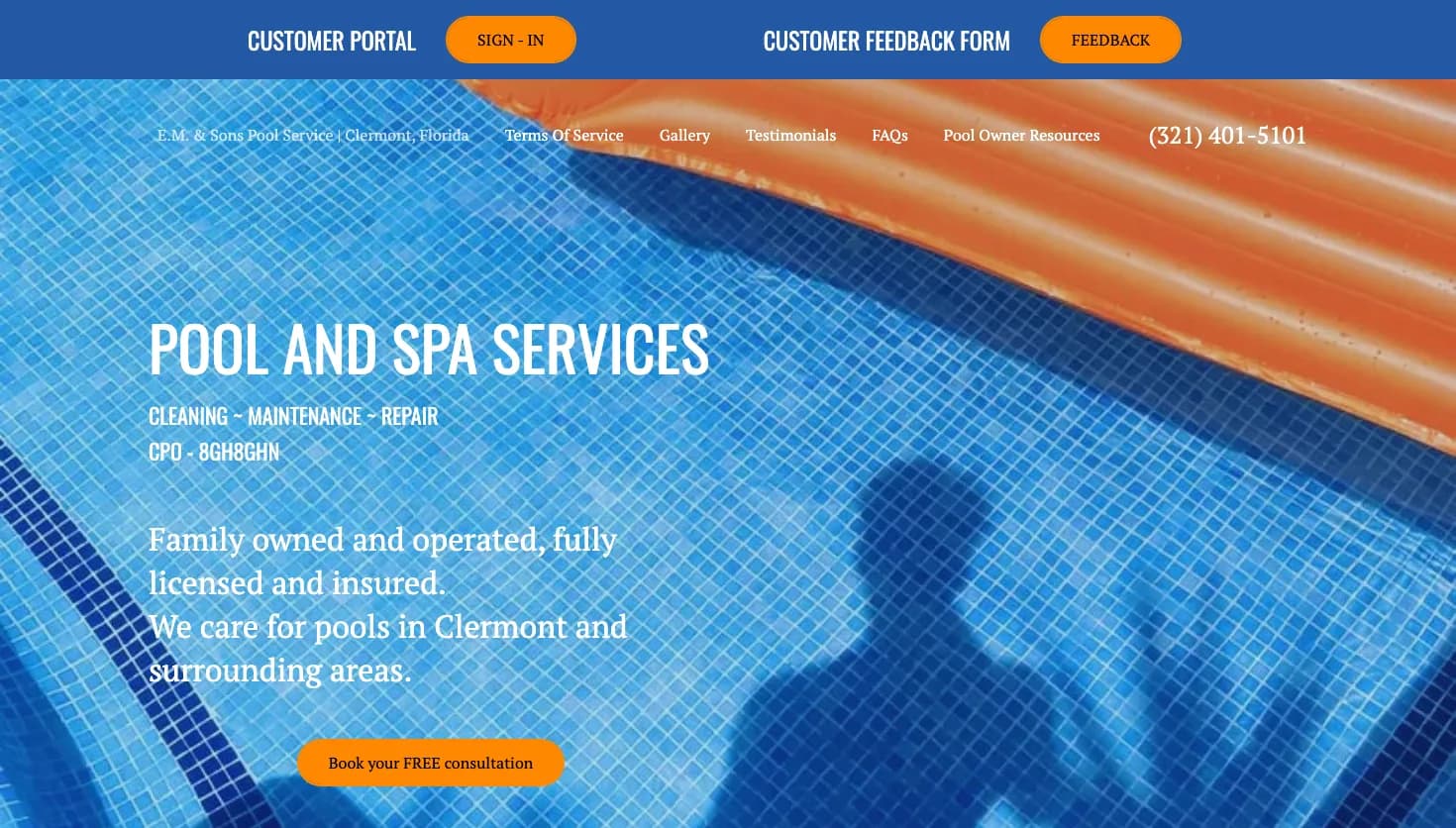 E.M. & Sons Pool Service, LLC website screenshot