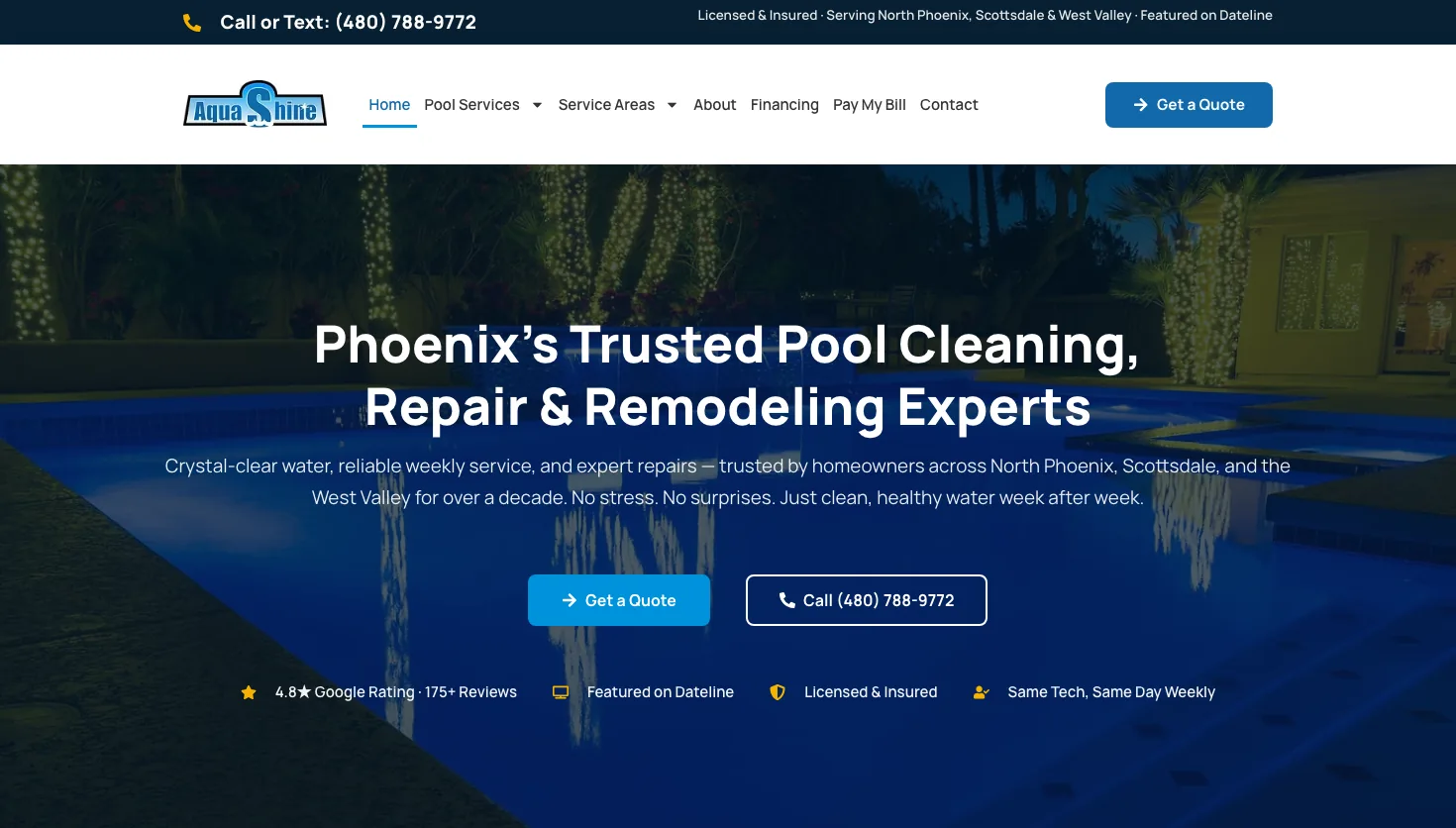 Aqua Shine Pools website screenshot