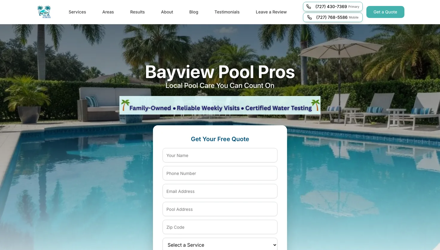 Bay View Pool Pros website screenshot
