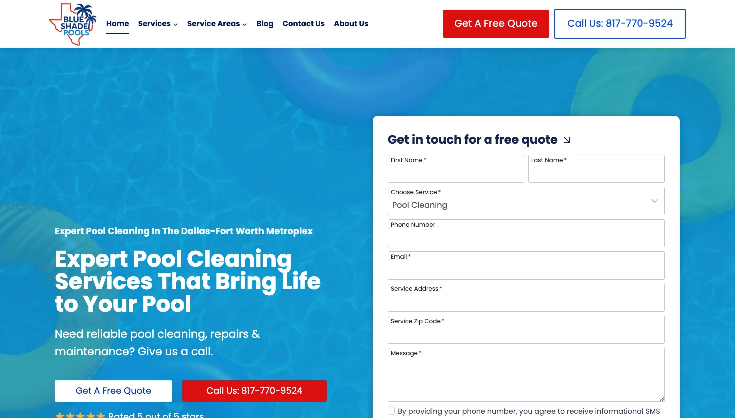 Blue Shade Pools Maintenance website screenshot