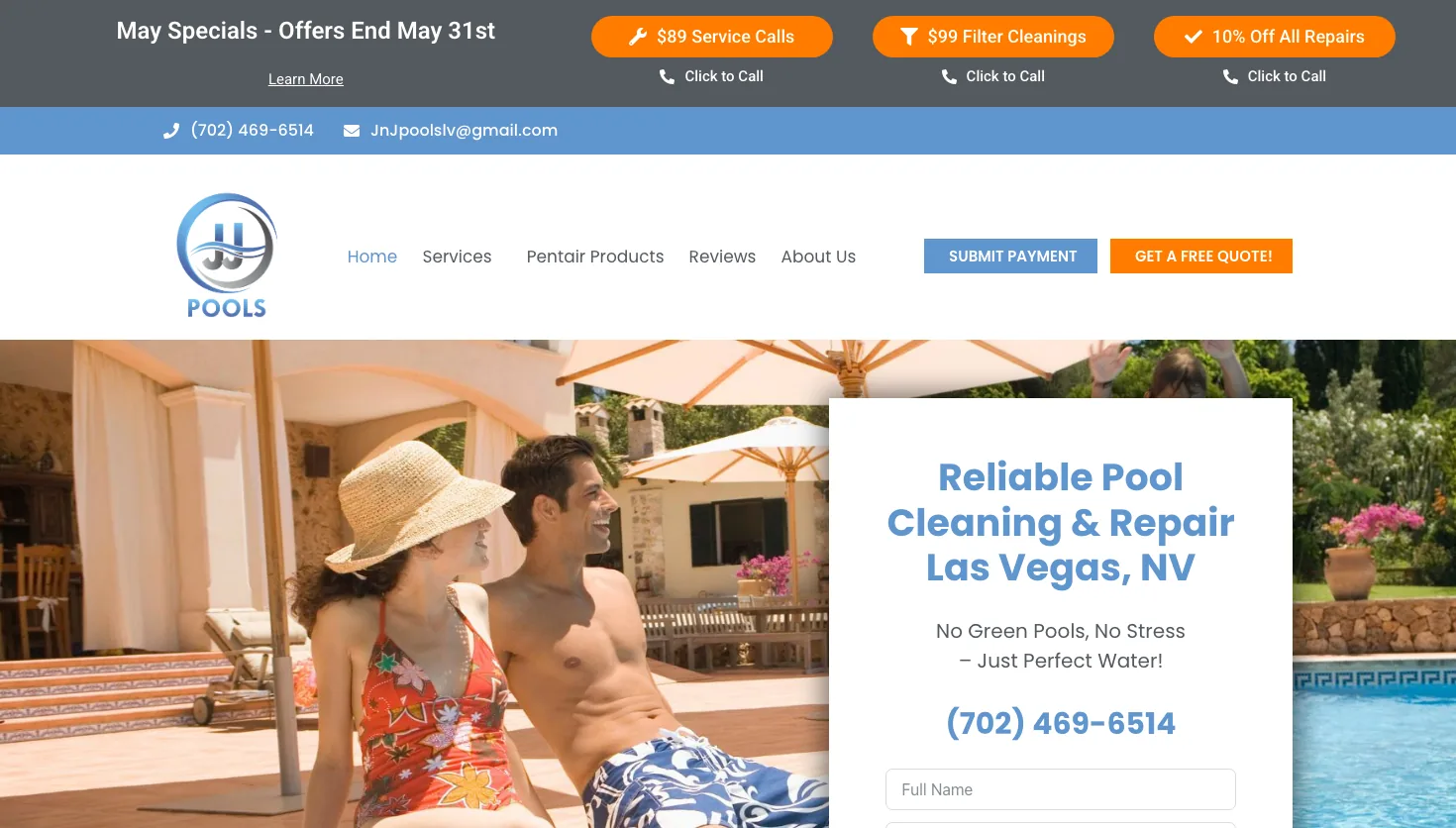 JnJ Pools website screenshot