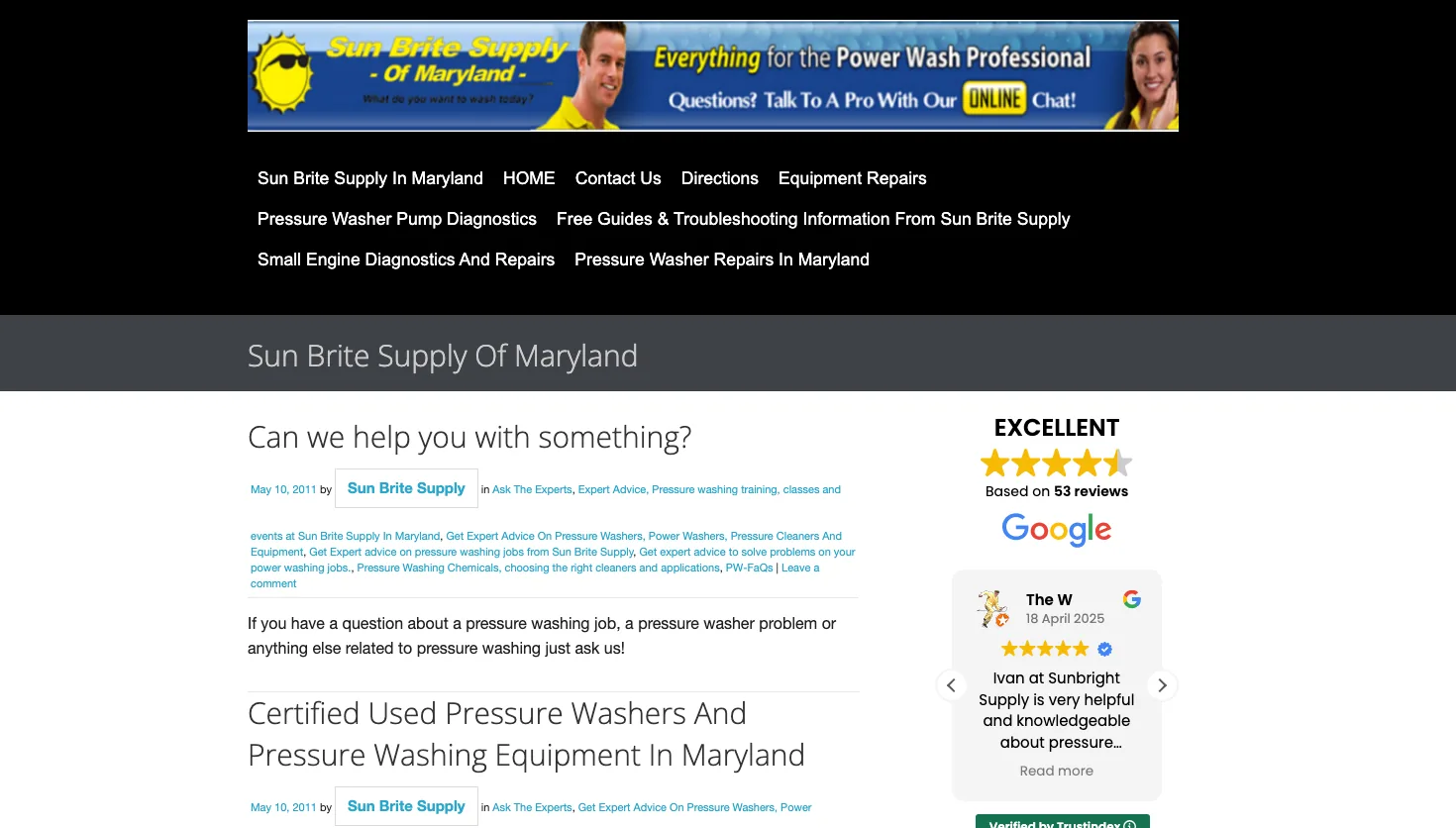 Sun Brite Supply Pressure Washers, Repairs and Supplies website screenshot