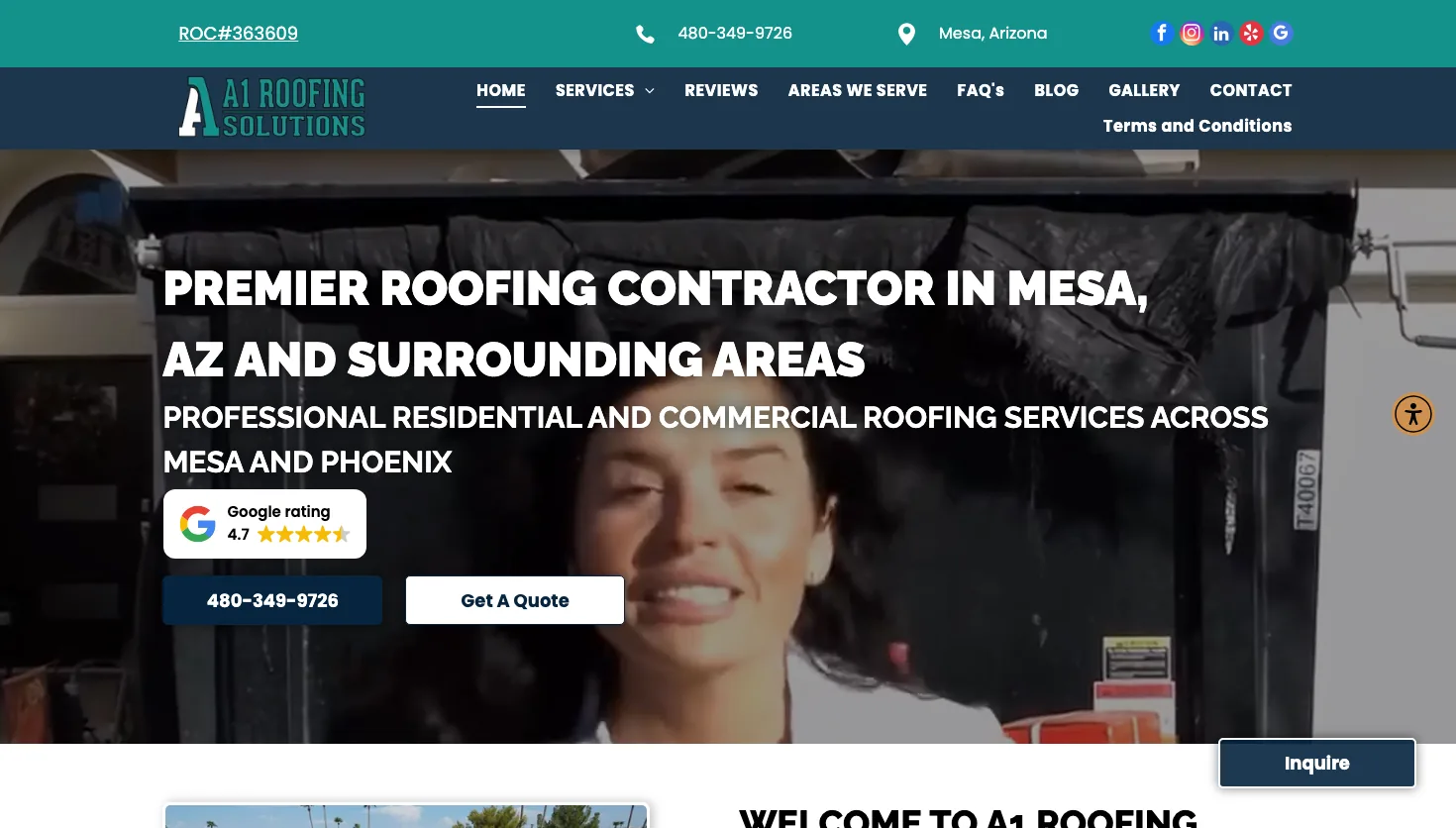 A1 Roofing Solutions website screenshot