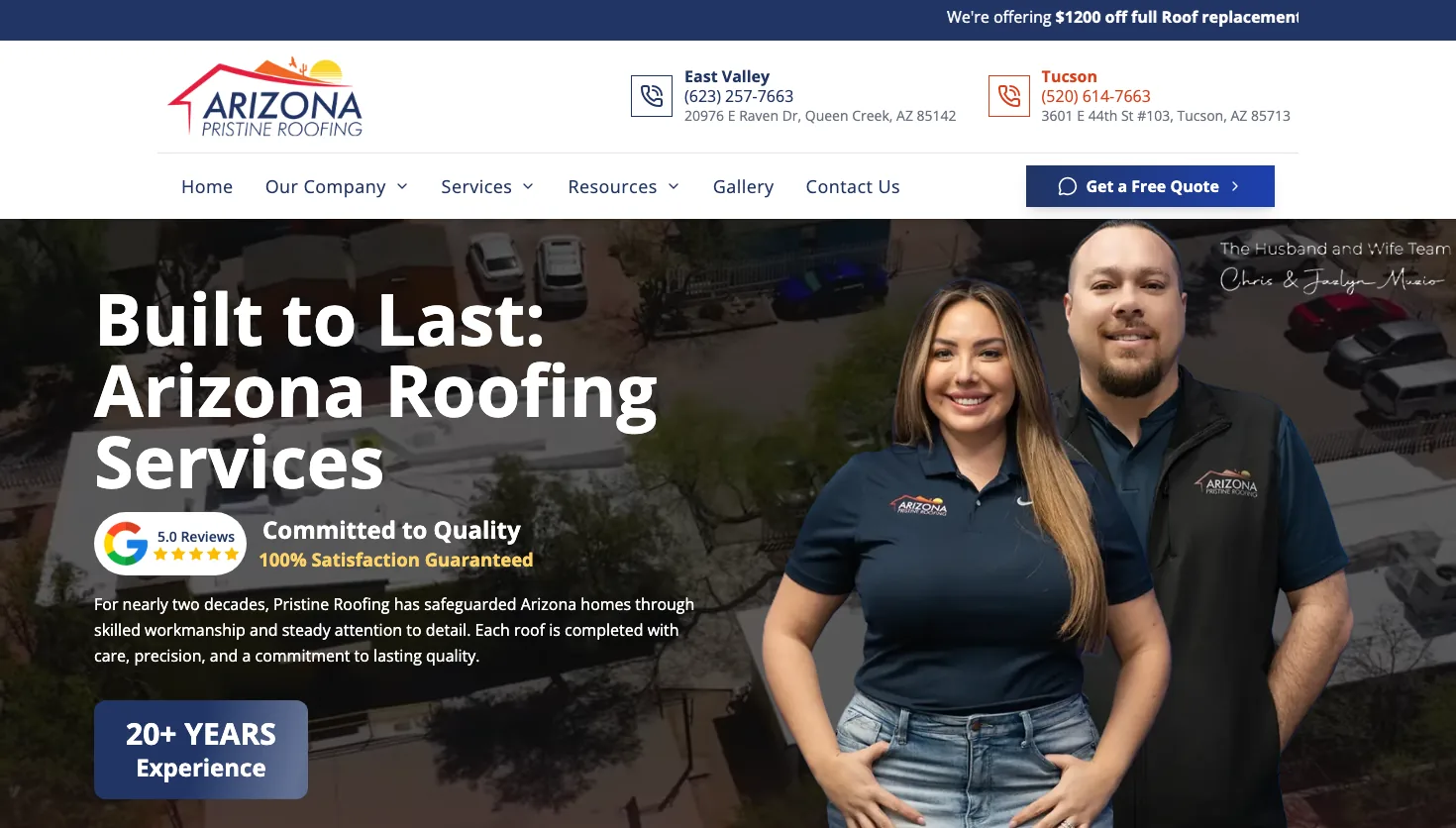 Arizona Pristine Roofing website screenshot