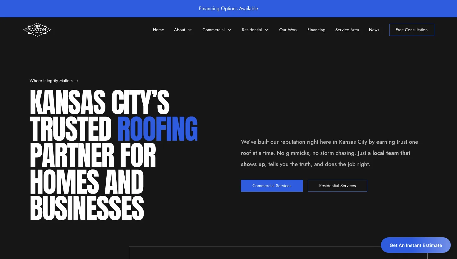 Easton Roofing website screenshot