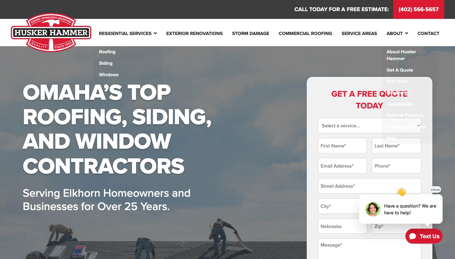 Husker Hammer Siding, Windows & Roofing website screenshot