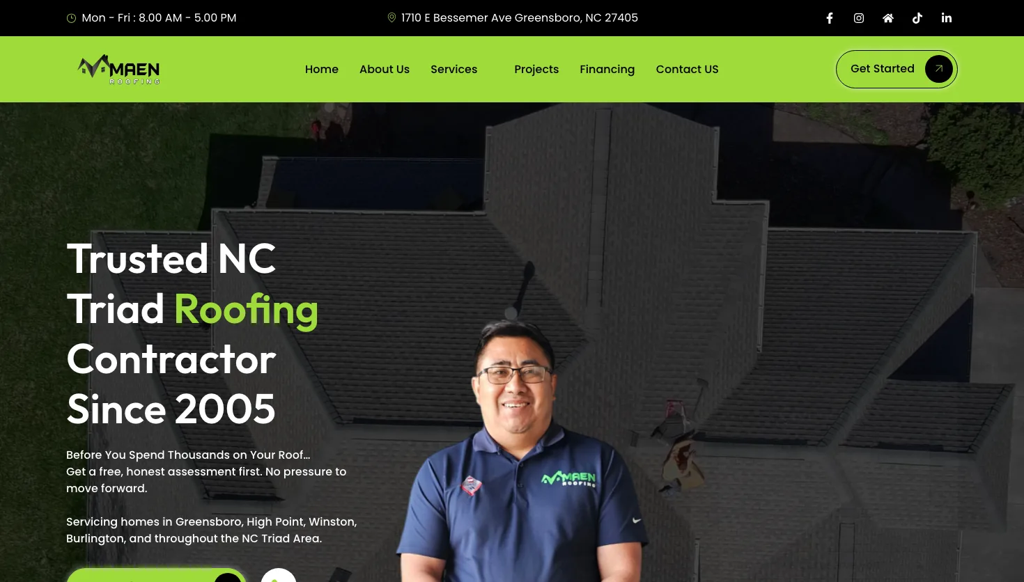MAEN Roofing website screenshot
