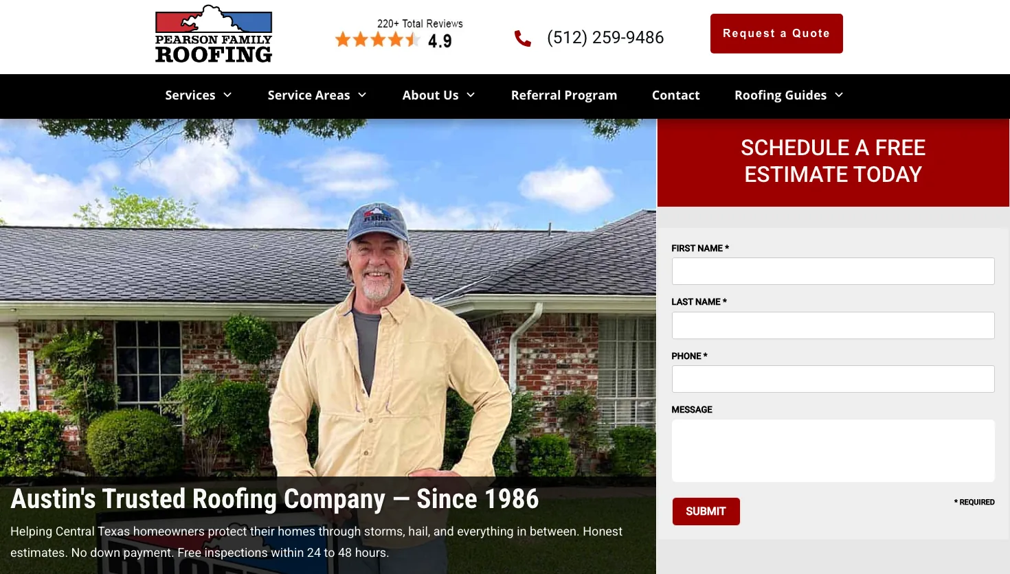 Pearson Family Roofing website screenshot